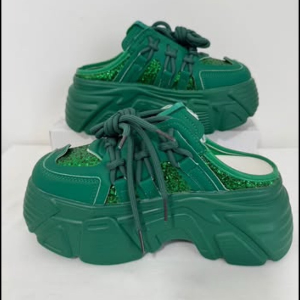 Women’s Platform Slippers Size 6 Green 7cm Wedge Ssndals Bling Slip-on Shoes